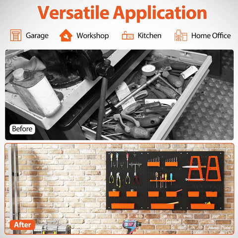 Before and after images of 4 Ft Metal Pegboard Tool Organizer with Heavy Duty Hooks And Bins For Garage And Workbench setup.