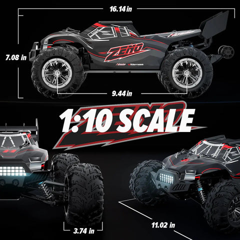 Fast 1 To 10 Scale RC Car For Adults And Kids 8 To 12, 4x4 Electric Remote Control Monster Truck with measurements shown