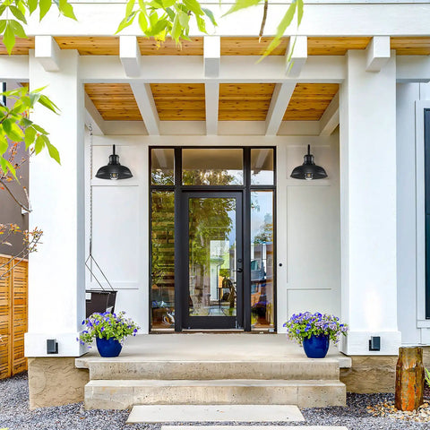 Front porch with Two Pack Dusk To Dawn Outdoor Wall Sconces For Porch And Garage Exterior Gooseneck Barn Light In Matte Black Vintage Farmhouse Vibe Weatherproof Anti Rust Outdoor Light Fixture.