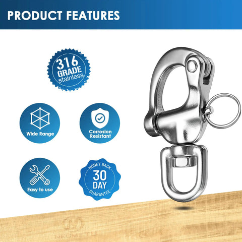 Built Tough 316 Stainless Steel Quick Release Snap Shackle Heavy Duty Marine Hardware For Boat Rigging And Towing 880 Pound Working Load 2 Pack showing features and close-up view.
