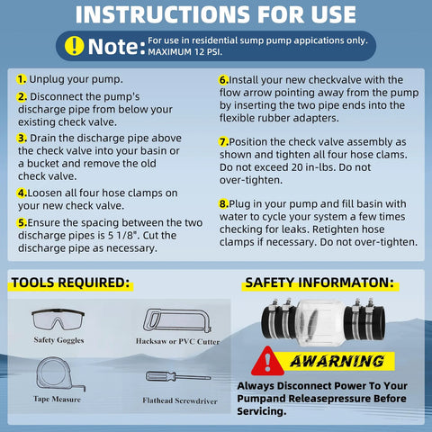 2 Inch Silent PVC Check Valve instruction sheet for sump pump use with stainless clamps and installation steps.