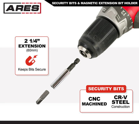 Security Bit Set With Magnetic Extension Bit Holder For Fast Tamper Resistant Fasteners, 33-Piece Kit with drill.