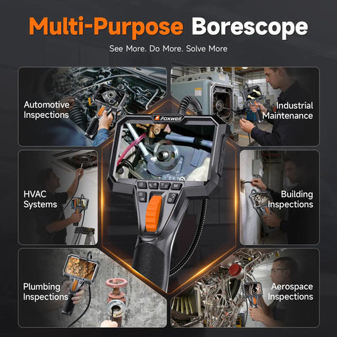 Dual Lens Articulating Borescope With 1080P Endoscope Camera, Two Way Flex Probe, 5.3ft Semi Rigid Cable For Engines, Pipes, HVAC Ducts And Industrial Equipment See Hidden Damage Clearly showing automotive, HVAC, plumbing, industrial and aerospace inspections
