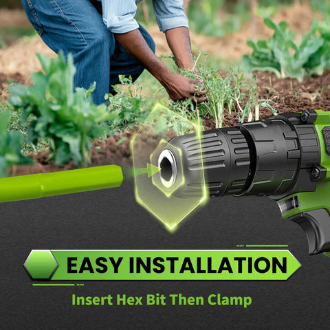 Close-up of heavy duty garden auger drill bit installation for planting with hex drive and planter tool in garden setting.