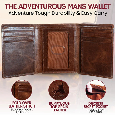 Open view of Rugged Leather Mens RFID Blocking Trifold Wallet With Double Cash Compartments Secret Pocket Top Grain Forest Brown