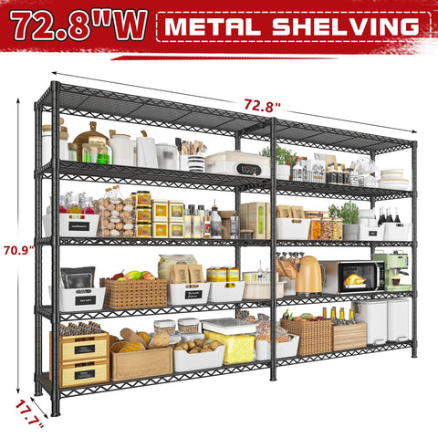 Massive 5 Tier Heavy Duty Metal Storage Shelving Unit 72.8 Inch Wide Wire Shelves With 1600 Lbs Total Weight Capacity For Garage Or Workshop Organization And Easy Clutter Busting, black steel, 72.8 x 70.9 x 17.7 in