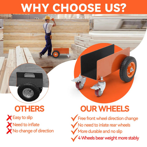 Heavy Duty Panel Dolly Cart With 1200 Lbs Capacity Four Smooth Roll Wheels Rustproof Steel Build To Haul Drywall Or Doors Like A Badass On Tight Job Sites Without Breaking A Sweat, showing sturdy wheels and steel construction.