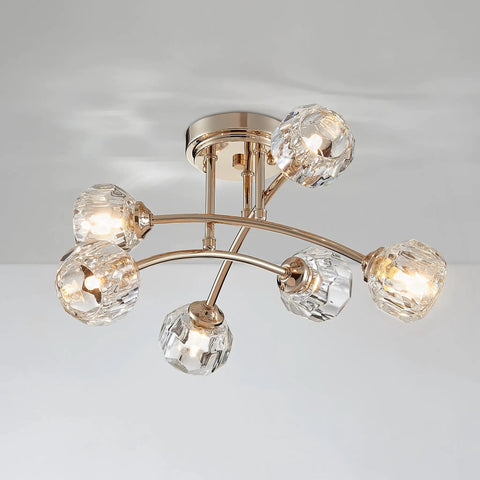 Spuntnik Crystal Ceiling Light Fixture With Six G9 Base Bulbs, Semi Flush Mount, D16 x H10, clear crystal gold frame