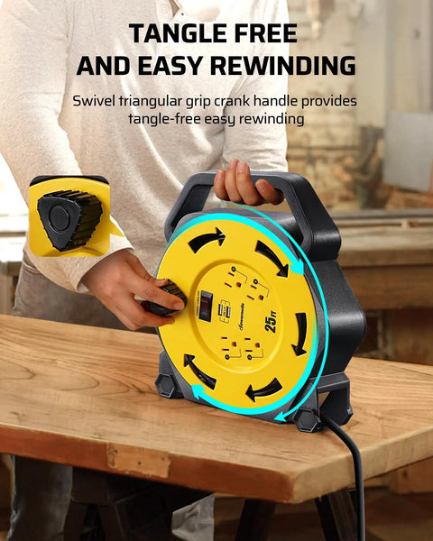 Heavy Duty Cord Reel With Four Outlets And Two USB Ports, 25-Foot Retractable Extension Cord with hand wind crank on a table
