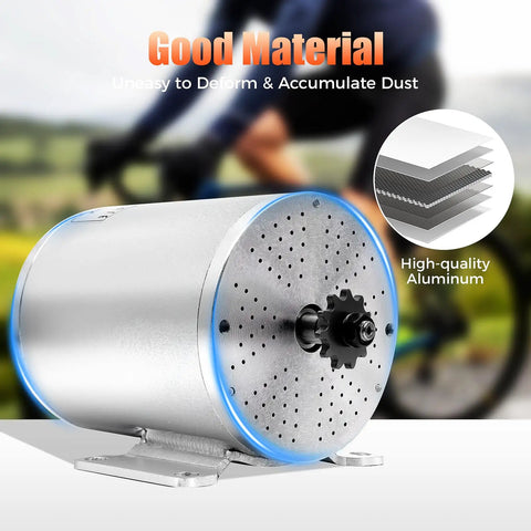 Beast 2000W Brushless Motor with aluminum housing shown in front of a person cycling, highlighting material quality.