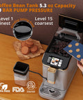 Fully Automatic Espresso Coffee Machine With 20 Bar Pump And 15 Adjustable Grind Settings Featuring A Built In Milk Frother Tft Touchscreen and coffee bean tank.