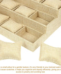 Straight Fire Nine Grid Watch Storage Tray With Plush Linen Cushion showcasing khaki linen lined compartments and small pillows.
