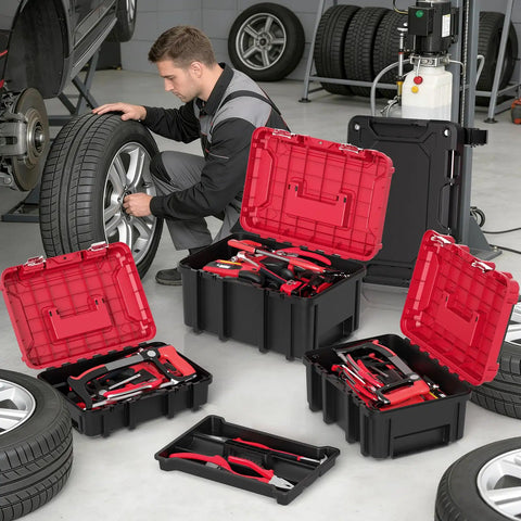 Mechanic using 3 In 1 Rolling Tool Box On Wheels With Stackable Modular Organizer System 17 Inch Portable Waterproof Toolbox For Garage Mechanics And Home Repair Red Black Detachable Chassis Includes Small Medium And Large Tool Boxes in garage setting