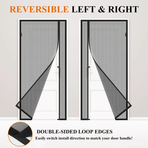 Magnetic Screen Door For 32 By 80 Inch Openings, Reversible Left Or Right Install, Black polyester material with easy closure
