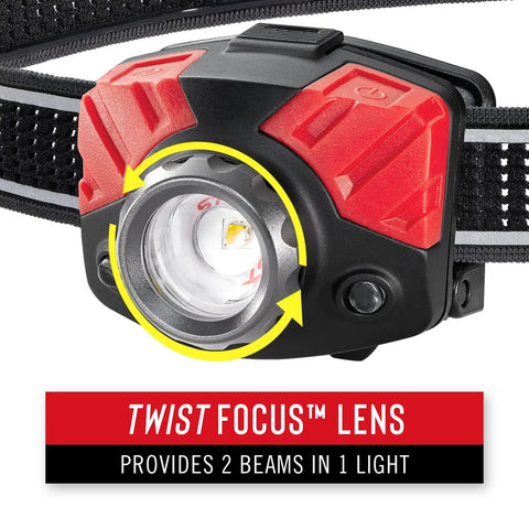 Dual Color LED Headlamp With Twist Focus, 700 Lumen White And Red Beams, Crisp, Clear Light With Seamless Transition From Close Light To Main Beam, Helmet Clip For Hats, Built For Night Owls, close-up of lens with arrows indicating focus direction.