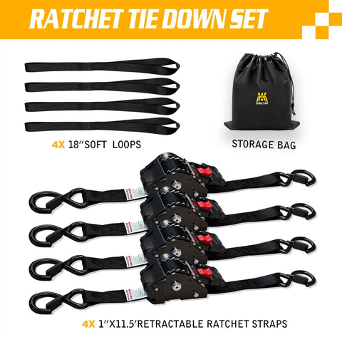 Tough Built Retractable Ratchet Straps For Heavy Duty Cargo Hauling Auto Retract Tie Downs with 4 soft loops and storage bag.