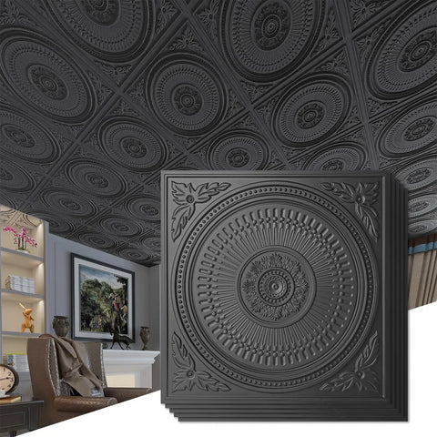 12 Pack Drop Ceiling Tiles 2x2 Ft Dope Black PVC Panels in living room, decorative design for T Bar Grids, waterproof and lightweight.
