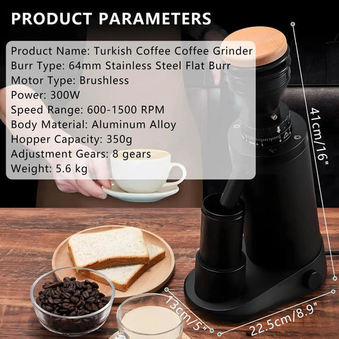 Top Tier Heavy Duty Electric Coffee Bean Grinder With Sixty Four Millimeter Burrs And Eight Stepless Settings For Espresso French Press Or Turkish Coffee Next Level Daily Grinds White 350 Grams with coffee and bread.