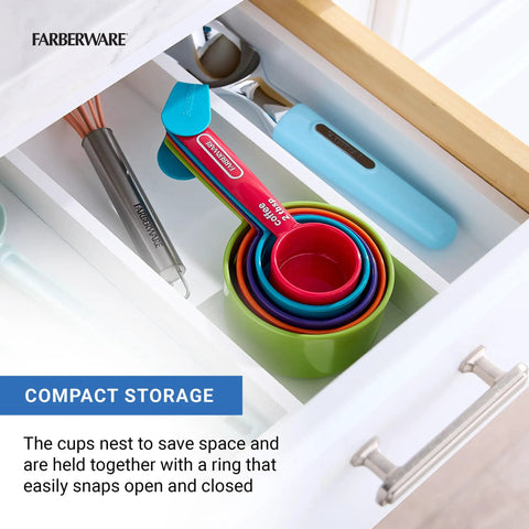 Must Have Nestable Measuring Cup Set With Two Tablespoons Coffee Scoop, Durable BPA Free Plastic, stored in drawer
