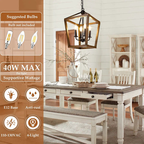Farmhouse Style Chandelier Light Fixture For Kitchen And Dining Room With Barn Chic Vibe, A 4 Light Rustic Pendant With Height Adjustable Chain, Oak Wood Finish, Cage Lantern Lighting, E12 Base For Hallway Foyer hanging above a dining table in a rustic kitchen setting.
