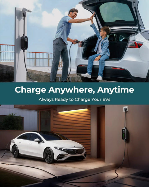 Level 2 Portable EV Charger 32A 240V With NEMA 14-50 Plug charging electric vehicles outdoors and in a garage setting