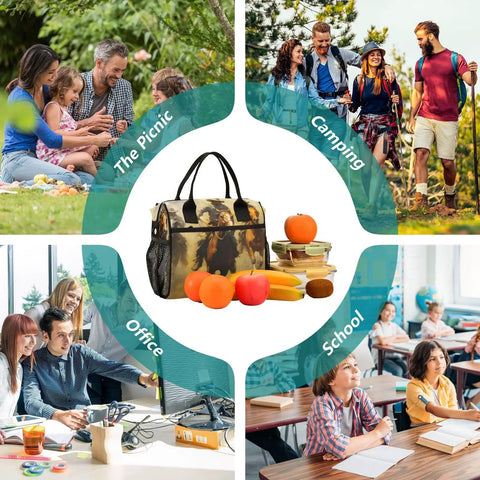 Collage showcasing the Desert Brown Insulated Cooler Bag Lunch Box Tote with fruits, ideal for picnics, camping, office, and school.