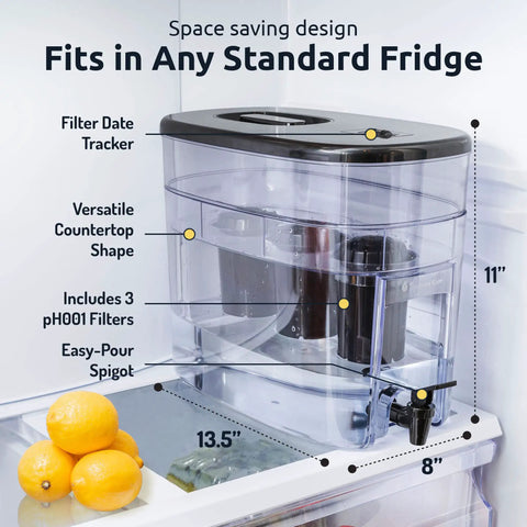 Alkaline Countertop Water Filter Dispenser With Three Filters Large 96 Gallons Per Filter Capacity Mineralized Water Up To PH 9 BPA Free Black Easy Pour Spout Family Size Hydration Station For Home Use visible in refrigerator with dimension labels, showcasing easy-pour spout and BPA-free design.