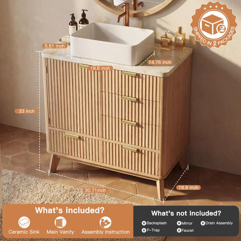 31-Inch Fluted Bathroom Vanity Crafted From Solid Natural Oak Featuring A Heavy-Duty One-Piece Ceramic Bowl Scratch-Proof Topcoat Straight-Up Durable Built Like A Tank For The Daily Grind Easy Breezy Install Long Haul Performance showing ceramic basin and fluted design.