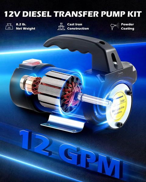 Close-up of Grab And Go 12V Diesel Transfer Pump Kit With Nozzle And Hoses detailing internal components, 12 GPM.