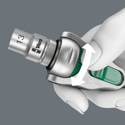Close-up of holding Zyklop 8000 C Half Inch Drive Ratchet with Five Tools In One showing reversible swivel head operation