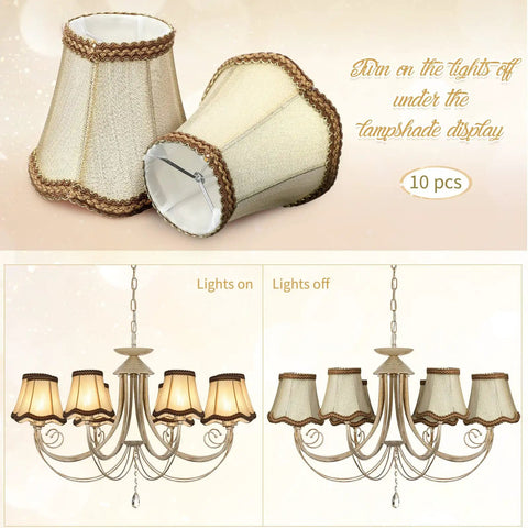 10 Pack European Mini Lamp Shades For Chandeliers Clip On Fabric Drum Lampshades With Glitter Lace Trim Rustic Gold Tone