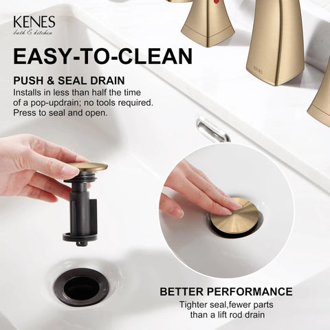Top Notch Champagne Bronze Widespread Bathroom Faucet Three Hole Sink Tap With Dual Flow Spray Valve And Lead Free Design For Hassle Free Setup And A Smooth Finish That Really Delivers showing easy-to-clean push and seal drain.