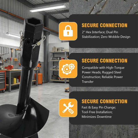 12 By 52 Inch Spiral Excavator Auger With 2 Inch Hex Connection shown in workshop with secure connection features highlighted.