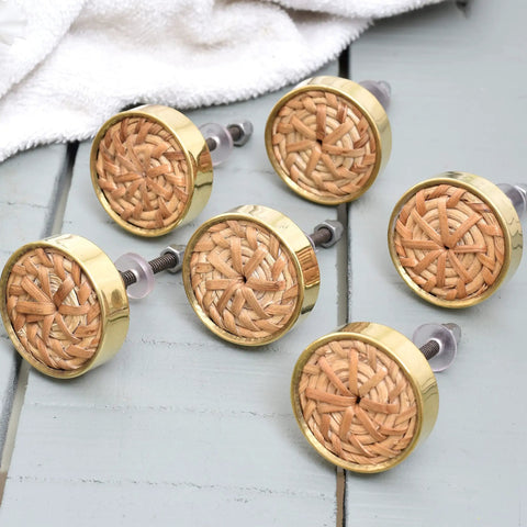 Top Shelf Brass Rattan Cabinet Knobs 6 Piece Set Natural Drawer Pulls For Kitchen Cabinets And Bedroom Dressers, handmade brass rattan.