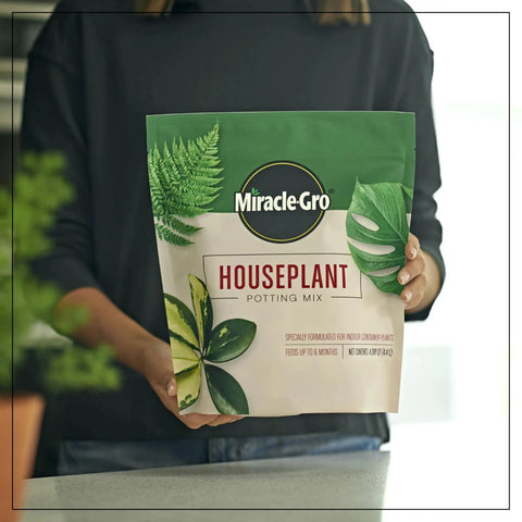 Top Shelf 4 Quart Indoor Plant Potting Mix Loaded With Fast Feeding Fertilizer Keeps Your Container Houseplants Poppin Without Any Drama While Fueling Bold New Leaves Through Spring And Summer in a person's hands.