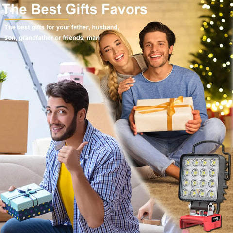 Group gifting Go To Cordless LED Work Light Flood Beam 3800 Lumen, 38W, 18V Battery Powered, portable lamp featured.