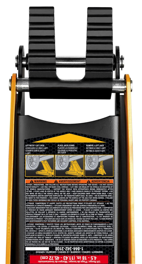Heavy Duty 2 Ton Floor Jack Paired With 3 Ton Jack Stand featuring U shape slotted saddle close-up view of saddle mechanism.
