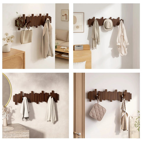 Natural Walnut Wooden Piano Coat Rack Wall Mounted With Eight Heavy Duty Flip Down Hooks For Coats Bags And Keys Space Saving Entryway Stand Keeping Your Sweet Gear Snug And Ready displayed with bags and jackets in multiple home settings.