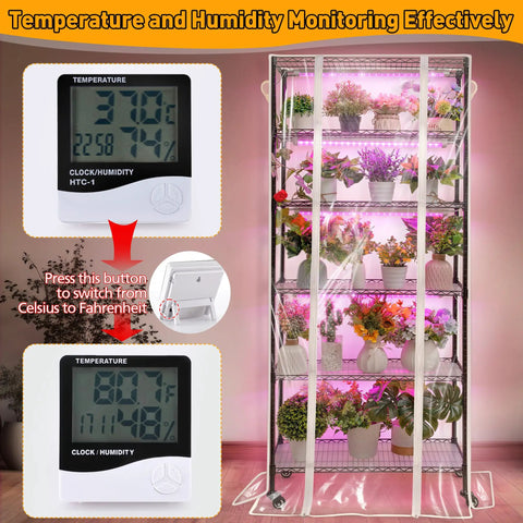 Indoor Greenhouse Kit With Grow Lights For Seed Starting, 6 Tier Metal Plant Rack With Clear Cover, digital thermometer close-up