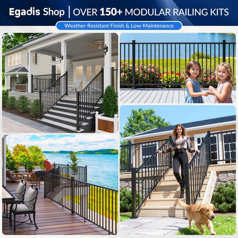 Top Shelf Heavy Duty Modular Aluminum Deck Railing Kit Four Pack 42 Inch Guardrail Height 8 Foot Sections Ibc Irc Astm Compliant Wobble Free Easy Setup For Porches And Stairs on modern decks and stairs.
