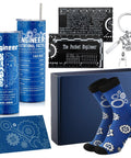 Six Piece Engineering Graduation Gift Set For Men Including Stainless Tumbler Cup, Engineering Ruler, Engineer Socks, Keychain, Greeting Card, And Gift Box Great For Mechanical Engineering Students, Retirement Or Graduation Day displayed