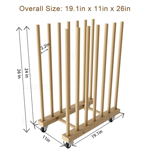 Rock Solid Beechwood Art Storage Rack With Locking Casters For Canvas Boards Frames And Drawing Panels Heavy Duty Studio Organizer dimensions and design view.