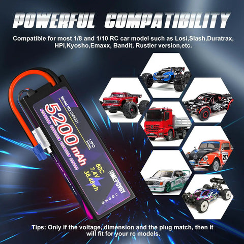 Two Pack 7.4V 5200mAh 80C LiPo Battery 2S With Hard Case For RC Cars And Trucks EC3 Connector JST-XHR Plug Delivers Beefy Power