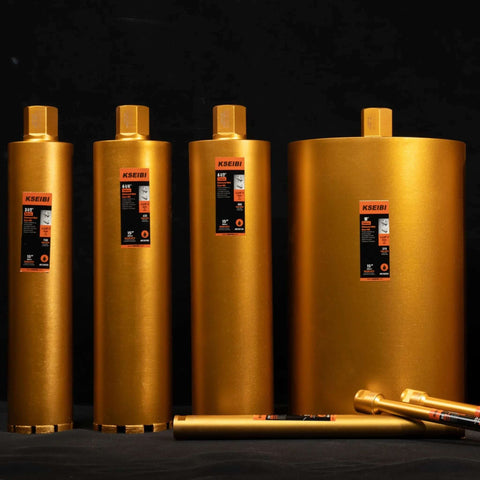 KSEIBI wet drill core bits set; four gold metal cylinders with labels and hex shanks, plus two shorter bars in front.