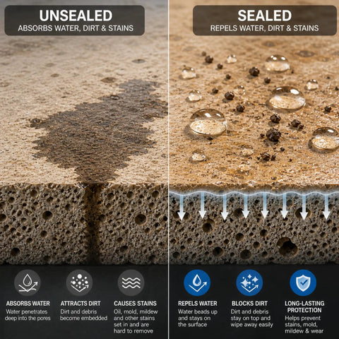 Comparison of unsealed and sealed concrete, showing effectiveness of Wet Look Stone Sealer Gloss for pavers and concrete protection.
