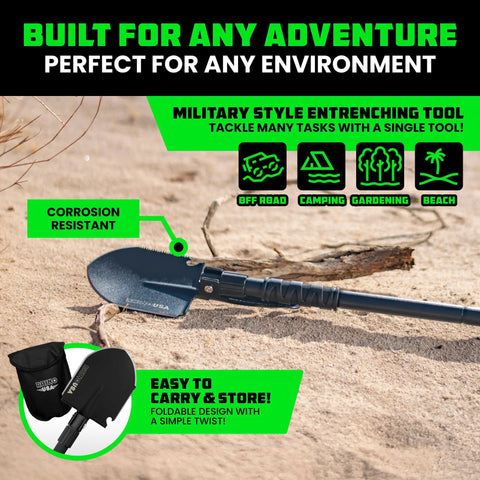 Survival Shovel With Pick For Off Road Camping And Beach Use, Heavy Duty Carbon Steel Entrenching Tool on sand