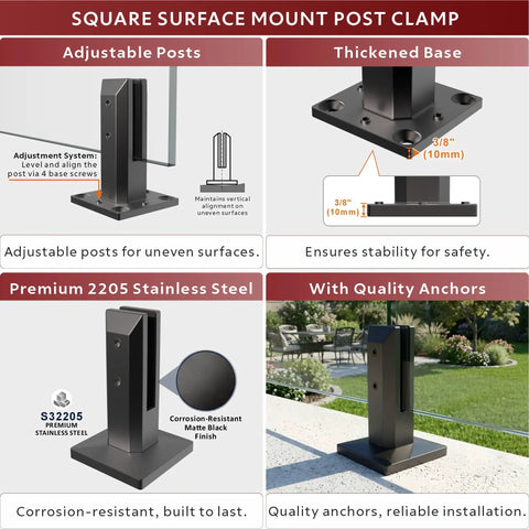 No Sweat Install 6 Panel Frameless Glass Deck Railing Kit With Top Shelf Stainless Steel Posts And Pre Cut Tempered Glass Panels, features adjustable stainless steel post clamp.