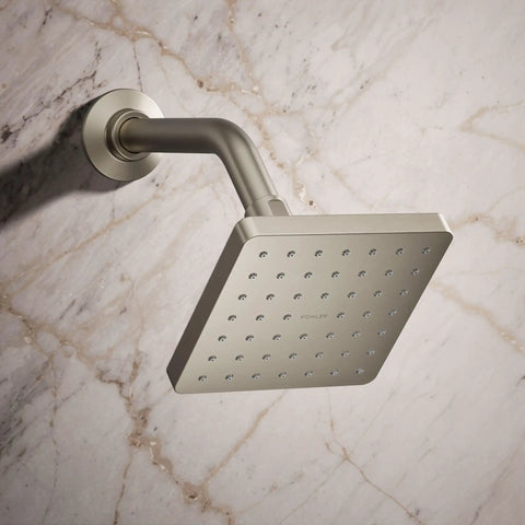 Parallel Single Function Showerhead With 1.75 GPM Flow, Katalyst Spray, MasterClean, Vibrant Brushed Nickel, mounted on marble