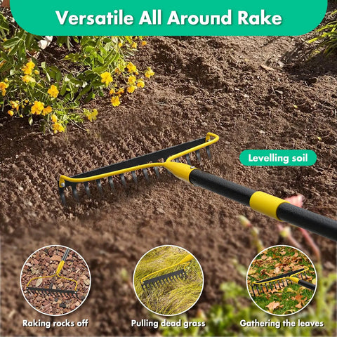 Heavy Duty 60 Inch Bow Rake With 14 Tines All Steel Garden Rake leveling soil in a garden with adjustable handle view.