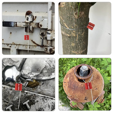 100 Heavy Duty Red Steel Cable Seals on a shipping container latch and tree for secure freight and asset protection.